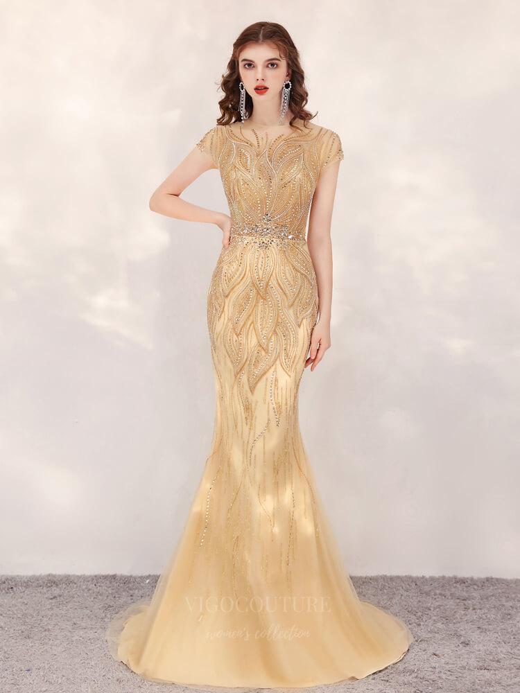 Prom Dress 2025 Beaded Mermaid Prom Dress 20133-unique elegant Prom Dresses-Gold-US2-vigocouture