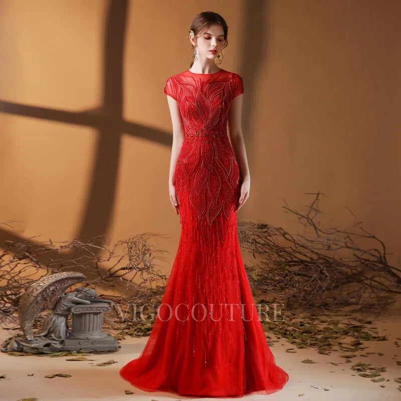 Prom Dress 2025 Beaded Mermaid Prom Dresses 20062-unique elegant Prom Dresses-Red-US2-vigocouture