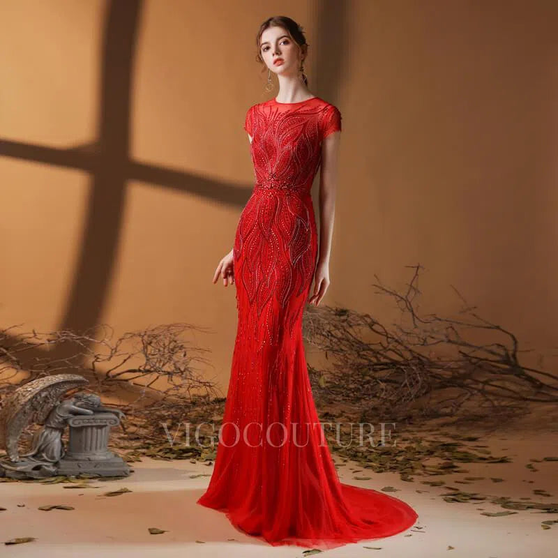 Prom Dress 2025 Beaded Mermaid Prom Dresses 20062-unique elegant Prom Dresses-Red-US2-vigocouture