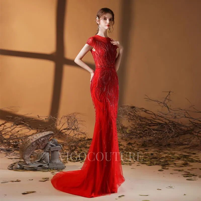 Prom Dress 2025 Beaded Mermaid Prom Dresses 20062-unique elegant Prom Dresses-Red-US2-vigocouture