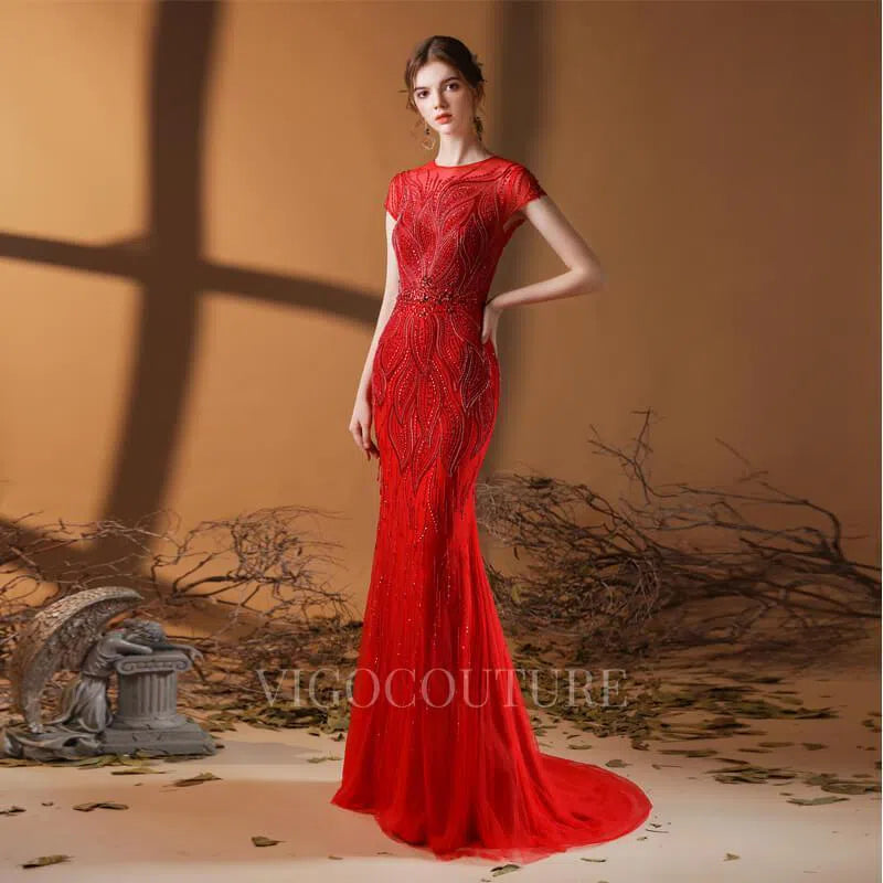 Prom Dress 2025 Beaded Mermaid Prom Dresses 20062-unique elegant Prom Dresses-Red-US2-vigocouture