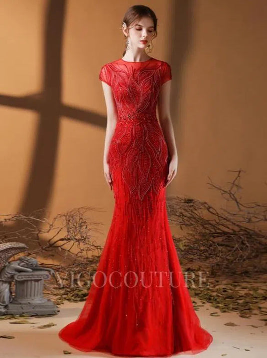 Prom Dress 2025 Beaded Mermaid Prom Dresses 20062-unique elegant Prom Dresses-Red-US2-vigocouture