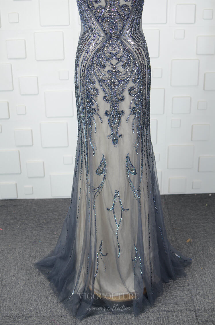 Prom Dress 2025 Beaded Mermaid Prom Dresses Cap Sleeve Evening Dresses 20761-unique elegant Prom Dresses-Grey-US2-vigocouture