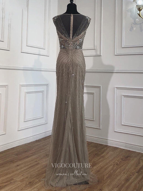 Prom Dress 2025 Beaded Mermaid Prom Dresses Cap Sleeve Formal Dresses 21259-unique elegant Prom Dresses-Grey-US2-vigocouture