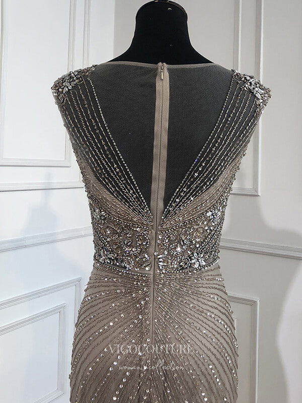 Prom Dress 2025 Beaded Mermaid Prom Dresses Cap Sleeve Formal Dresses 21259-unique elegant Prom Dresses-Grey-US2-vigocouture