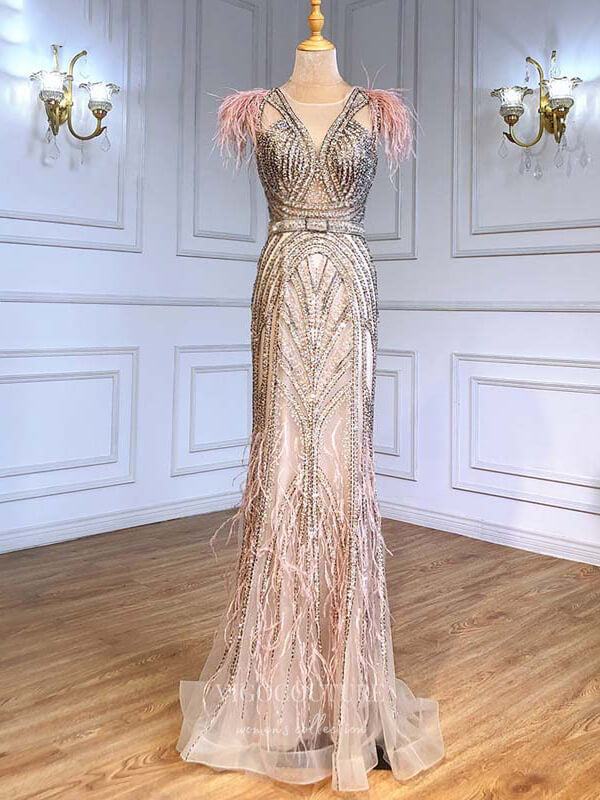 Prom Dress 2025 Beaded Mermaid Prom Dresses Feather Formal Dresses 21226-unique elegant Prom Dresses-As Pictured-US2-vigocouture