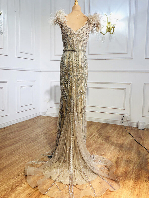 Prom Dress 2025 Beaded Mermaid Prom Dresses Feather Formal Dresses 21265-unique elegant Prom Dresses-Khaki-US2-vigocouture