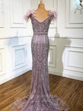 Prom Dress 2025 Beaded Mermaid Prom Dresses Feather Formal Dresses 21265-unique elegant Prom Dresses-Khaki-US2-vigocouture