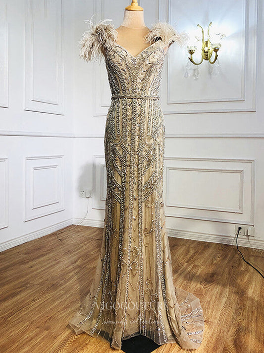 Prom Dress 2025 Beaded Mermaid Prom Dresses Feather Formal Dresses 21265-unique elegant Prom Dresses-Khaki-US2-vigocouture