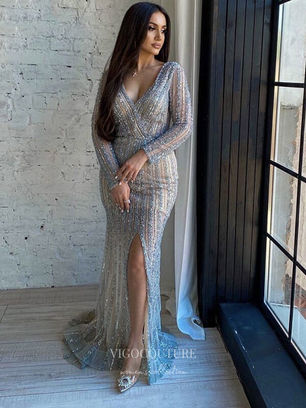long sleeve silver mermaid prom dress Crew Neck Sleeved Silver Glitter Mermaid Prom Gown