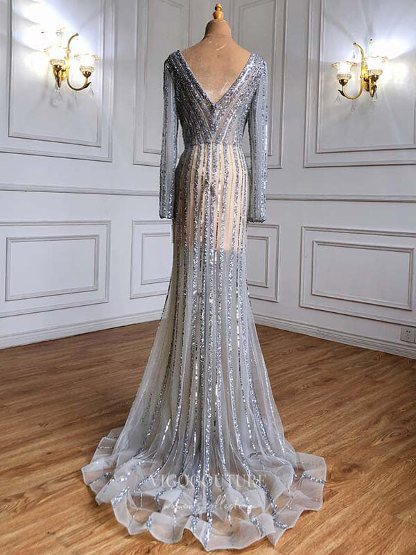 Prom Dress 2025 Beaded Mermaid Prom Dresses Long Sleeve Evening Dresses 21212-unique elegant Prom Dresses-Silver-US2-vigocouture