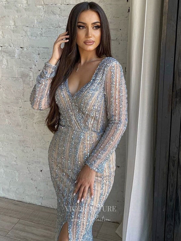 Prom Dress 2025 Beaded Mermaid Prom Dresses Long Sleeve Evening Dresses 21212-unique elegant Prom Dresses-Silver-US2-vigocouture