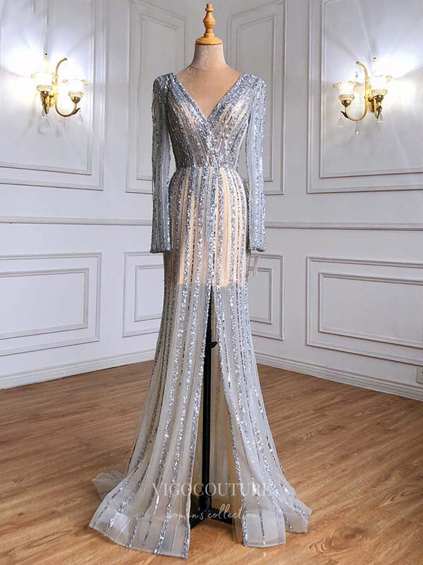 long sleeve silver mermaid prom dress Bedazzled Silver Beading Long Sleeve Mermaid Prom Dress