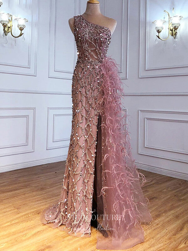 Prom Dress 2025 Beaded Mermaid Prom Dresses One Shoulder Evening Dresses 21222-unique elegant Prom Dresses-Pink-US2-vigocouture