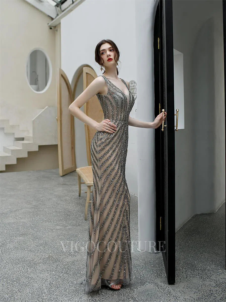 Prom Dress 2025 Beaded Mermaid Prom Dresses Plunging V-Neck Evening Dresses 20178-unique elegant Prom Dresses-Grey-US2-vigocouture