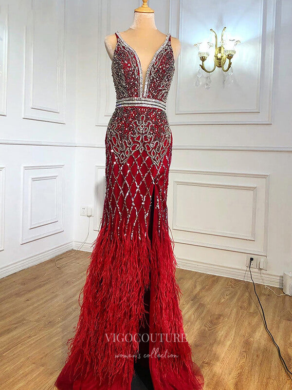 Prom Dress 2025 Beaded Mermaid Prom Dresses Plunging V-Neck Evening Dresses 21266-unique elegant Prom Dresses-Burgundy-US2-vigocouture