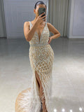 Prom Dress 2025 Beaded Mermaid Prom Dresses Plunging V-Neck Evening Dresses 21266-unique elegant Prom Dresses-Khaki-US2-vigocouture