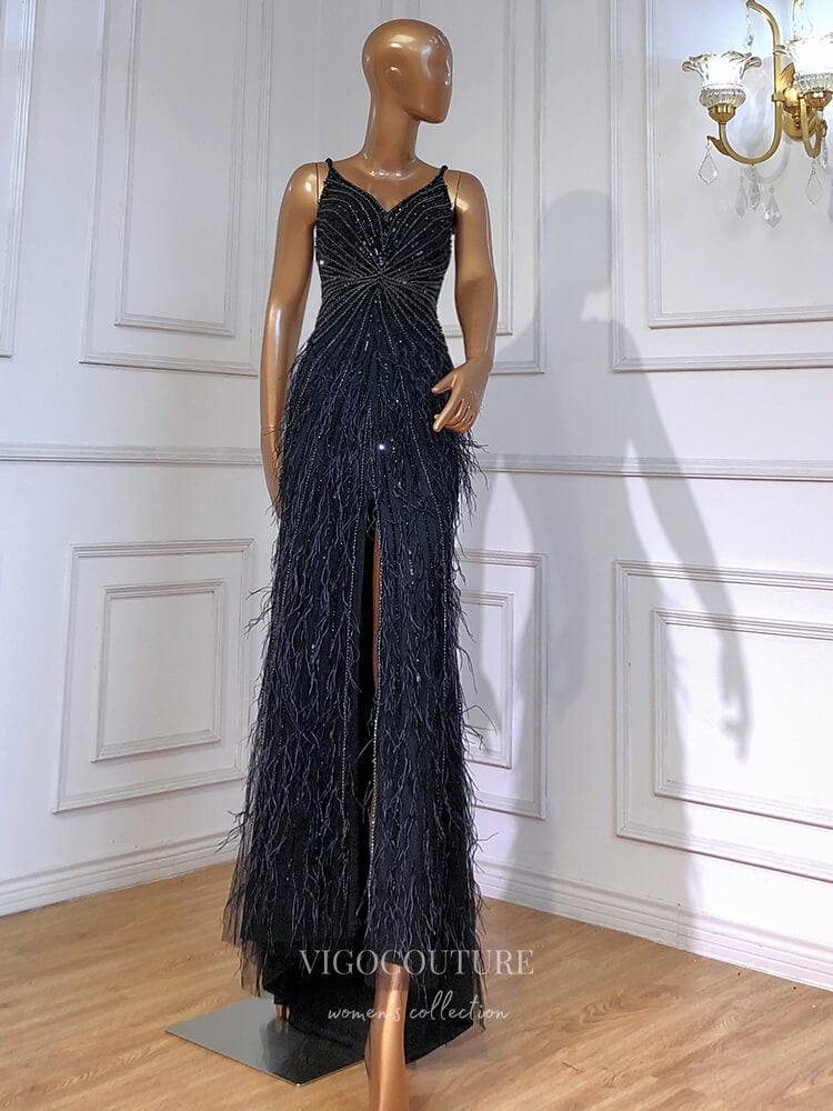 Prom Dress 2025 Beaded Mermaid Prom Dresses Spaghetti Strap Evening Dresses 21217-unique elegant Prom Dresses-Black-US2-vigocouture