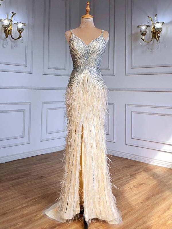 Prom Dress 2025 Beaded Mermaid Prom Dresses Spaghetti Strap Evening Dresses 21217-unique elegant Prom Dresses-Champagne-US2-vigocouture