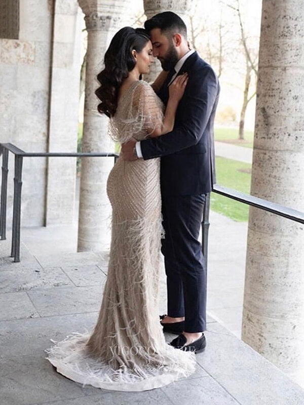 Prom Dress 2025 Beaded Mermaid Prom Dresses V-Neck Evening Dresses 21196-unique elegant Prom Dresses-Khaki-US2-vigocouture