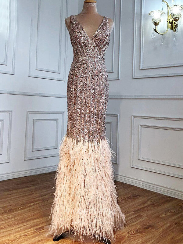 Prom Dress 2025 Beaded Mermaid Prom Dresses V-Neck Evening Dresses 21211-unique elegant Prom Dresses-Blush-US2-vigocouture