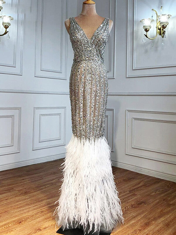 Prom Dress 2025 Beaded Mermaid Prom Dresses V-Neck Evening Dresses 21211-unique elegant Prom Dresses-Silver-US2-vigocouture