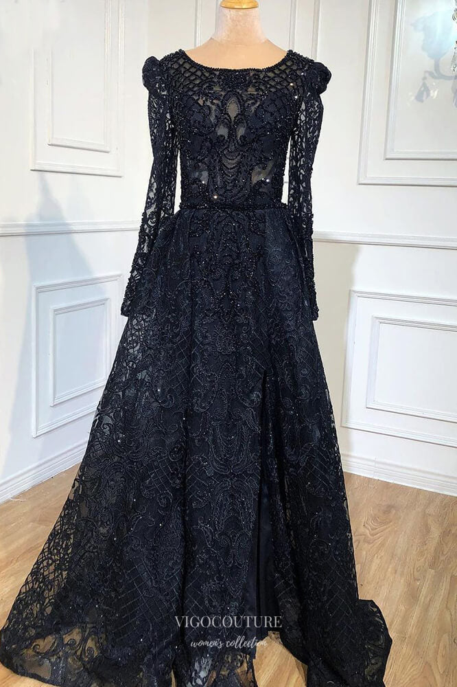 Prom Dress 2025 Beaded Mermaid Prom Dresses with Overskirt Long Sleeve Evening Dress 22391-unique elegant Prom Dresses-Black-US2-vigocouture