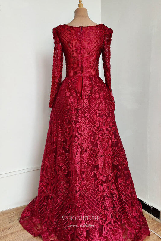 Prom Dress 2025 Beaded Mermaid Prom Dresses with Overskirt Long Sleeve Evening Dress 22391-unique elegant Prom Dresses-Burgundy-US2-vigocouture