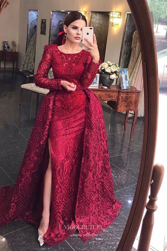 Prom Dress 2025 Beaded Mermaid Prom Dresses with Overskirt Long Sleeve Evening Dress 22391-unique elegant Prom Dresses-Burgundy-US2-vigocouture