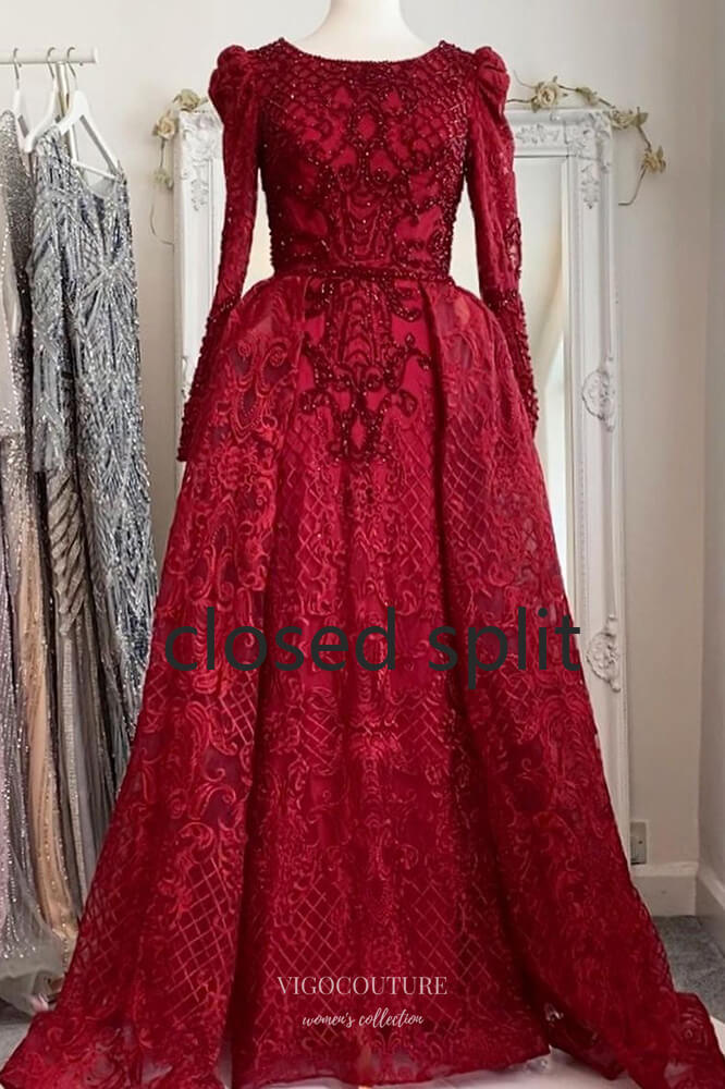 Prom Dress 2025 Beaded Mermaid Prom Dresses with Overskirt Long Sleeve Evening Dress 22391-unique elegant Prom Dresses-Burgundy-US2-vigocouture