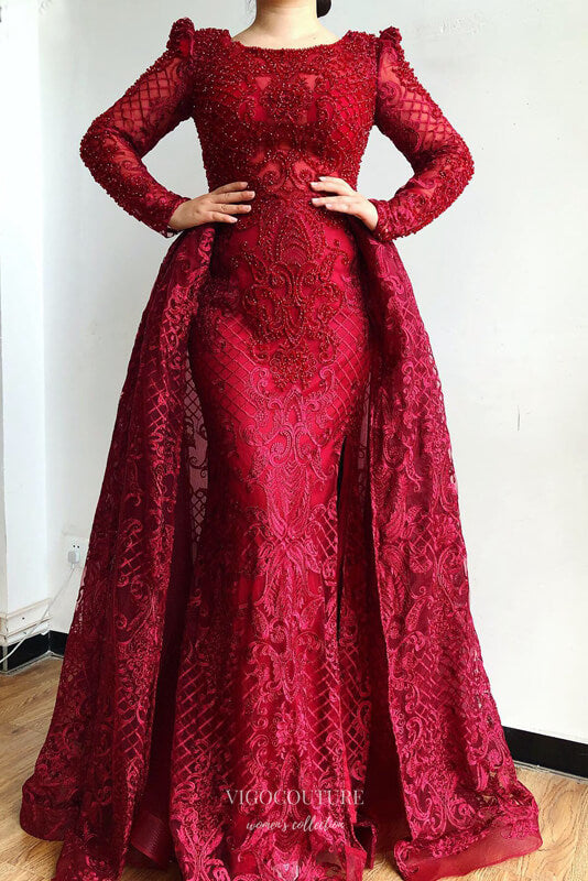 Prom Dress 2025 Beaded Mermaid Prom Dresses with Overskirt Long Sleeve Evening Dress 22391-unique elegant Prom Dresses-Burgundy-US2-vigocouture