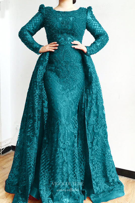 Prom Dress 2025 Beaded Mermaid Prom Dresses with Overskirt Long Sleeve Evening Dress 22391-unique elegant Prom Dresses-Green-US2-vigocouture