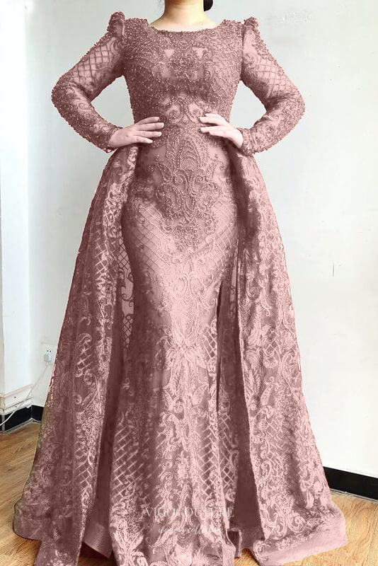 Prom Dress 2025 Beaded Mermaid Prom Dresses with Overskirt Long Sleeve Evening Dress 22391-unique elegant Prom Dresses-Pink-US2-vigocouture