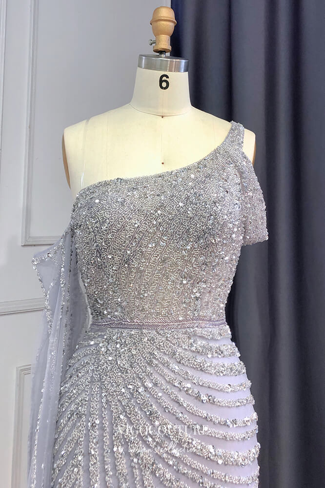 Prom Dress 2025 Beaded Mermaid Prom Dresses with Slit One Shoulder Evening Dress 21612-unique elegant Prom Dresses-Khaki-US2-vigocouture