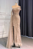 Prom Dress 2025 Beaded Mermaid Prom Dresses with Slit One Shoulder Evening Dress 21612-unique elegant Prom Dresses-Khaki-US2-vigocouture