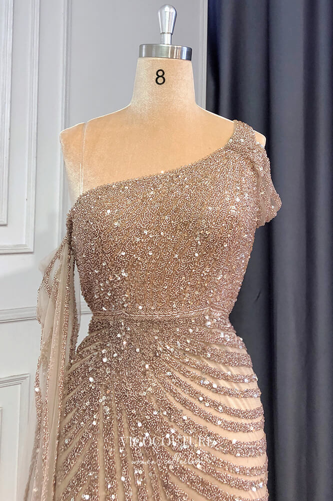 Prom Dress 2025 Beaded Mermaid Prom Dresses with Slit One Shoulder Evening Dress 21612-unique elegant Prom Dresses-Khaki-US2-vigocouture