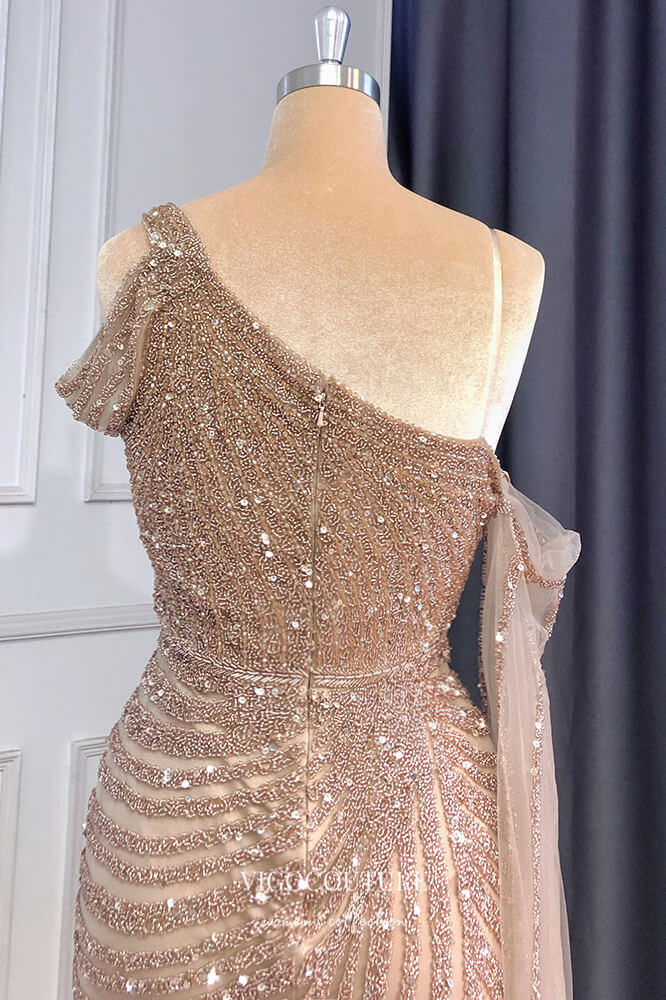 Prom Dress 2025 Beaded Mermaid Prom Dresses with Slit One Shoulder Evening Dress 21612-unique elegant Prom Dresses-Khaki-US2-vigocouture