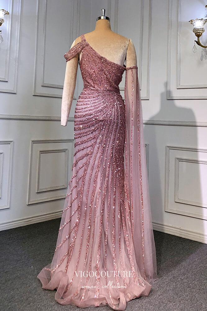 Prom Dress 2025 Beaded Mermaid Prom Dresses with Slit One Shoulder Evening Dress 21612-unique elegant Prom Dresses-Khaki-US2-vigocouture