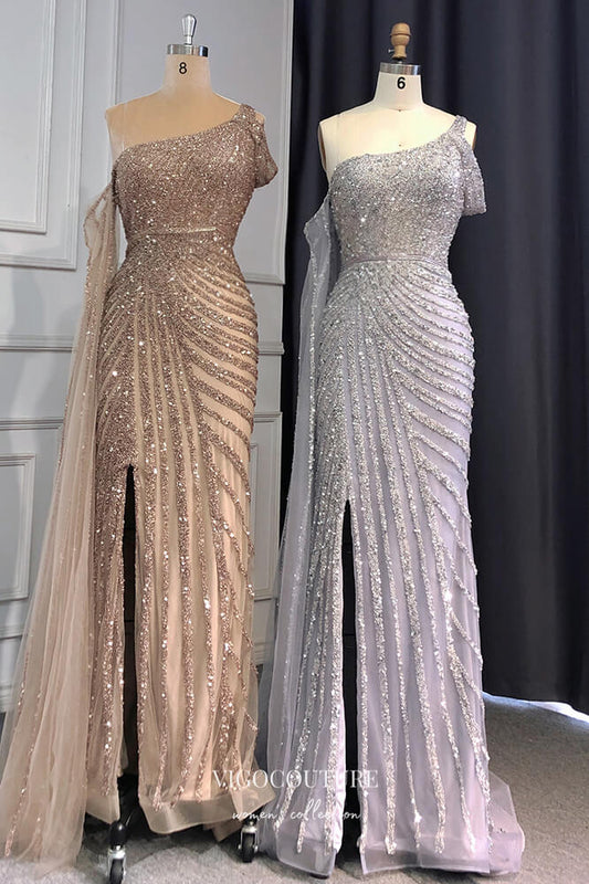 Prom Dress 2025 Beaded Mermaid Prom Dresses with Slit One Shoulder Evening Dress 21612-unique elegant Prom Dresses-Khaki-US2-vigocouture