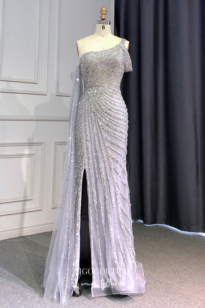 Prom Dress 2025 Beaded Mermaid Prom Dresses with Slit One Shoulder Evening Dress 21612-unique elegant Prom Dresses-Silver-US2-vigocouture