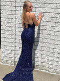 Prom Dress 2025 Beaded Mermaid Prom Dresses with Slit Spaghetti Strap Evening Dress 20943-unique elegant Prom Dresses-Blue-US2-vigocouture