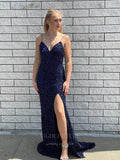 Prom Dress 2025 Beaded Mermaid Prom Dresses with Slit Spaghetti Strap Evening Dress 20943-unique elegant Prom Dresses-Blue-US2-vigocouture