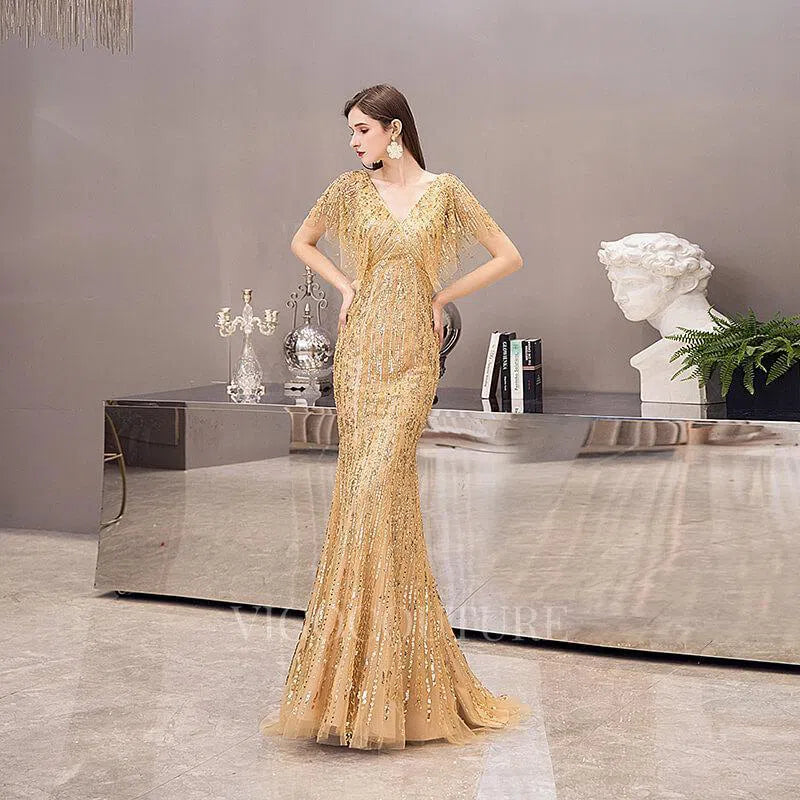 Prom Dress 2025 Beaded Mermaid Sheath Prom Dresses 20003-unique elegant Prom Dresses-Gold-US2-vigocouture