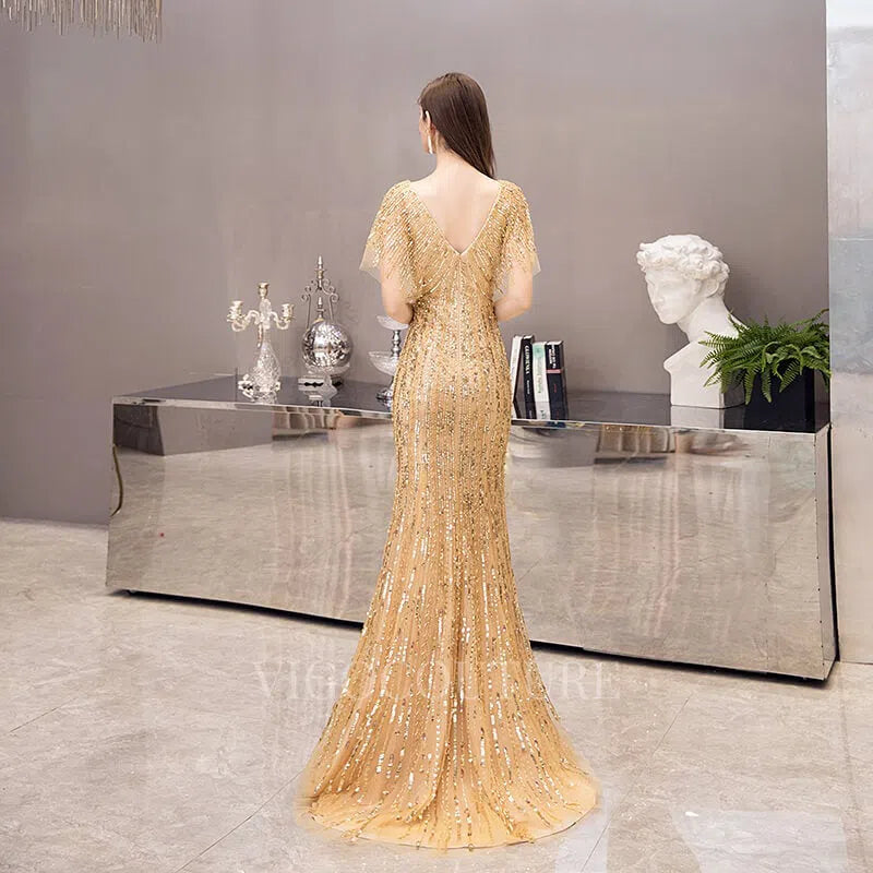 Prom Dress 2025 Beaded Mermaid Sheath Prom Dresses 20003-unique elegant Prom Dresses-Gold-US2-vigocouture