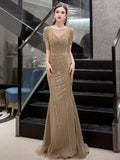 Prom Dress 2025 Beaded Mermaid Short Sleeve Prom Dresses 20080-unique elegant Prom Dresses-Brown-US2-vigocouture