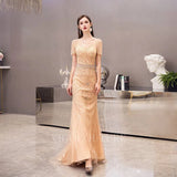 Prom Dress 2025 Beaded Mermaid Short Sleeve Prom Dresses 20080-unique elegant Prom Dresses-Champagne-US2-vigocouture