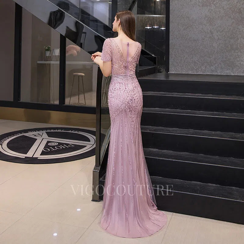 Prom Dress 2025 Beaded Mermaid Short Sleeve Prom Dresses 20080-unique elegant Prom Dresses-Mauve-US2-vigocouture