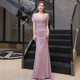 Prom Dress 2025 Beaded Mermaid Short Sleeve Prom Dresses 20080-unique elegant Prom Dresses-Mauve-US2-vigocouture