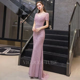 Prom Dress 2025 Beaded Mermaid Short Sleeve Prom Dresses 20080-unique elegant Prom Dresses-Mauve-US2-vigocouture