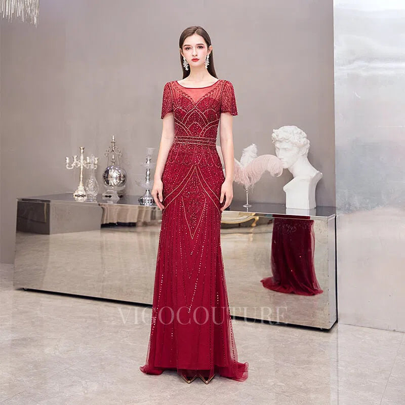 Prom Dress 2025 Beaded Mermaid Short Sleeve Prom Dresses 20080-unique elegant Prom Dresses-Red-US2-vigocouture